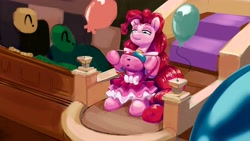 Size: 3840x2161 | Tagged: safe, artist:applephil, pinkie pie, oc, oc:anon, earth pony, human, g4, ace attorney, anime, balloon, clothes, corset, fake breasts, female, geiru toneido, gloves, high res, lidded eyes, mare, palindrome get, skirt, smiling, suspenders
