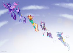 Size: 3010x2200 | Tagged: safe, artist:carrion1750, rarity, starlight glimmer, sunset shimmer, trixie, twilight sparkle, alicorn, unicorn, anthro, g4, ass, butt, clothes, cloud, female, flying, happy, high res, jetpack, leotard, sky, sky background, twilight sparkle (alicorn)
