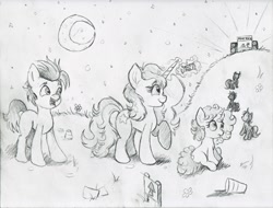 Size: 2000x1522 | Tagged: safe, artist:nedemai, earth pony, pony, unicorn, atg 2022, concert, moon, newbie artist training grounds, night, pencil drawing, scene, speaker, stars, traditional art