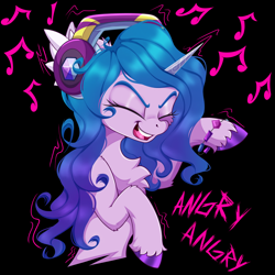 Size: 2500x2500 | Tagged: safe, artist:rurihal, izzy moonbow, pony, unicorn, g5, my little pony: a new generation, angry mob, black background, bracelet, chest fluff, danger danger, eyes closed, female, headphones, high res, jewelry, listening to music, mare, open mouth, simple background, solo, unshorn fetlocks