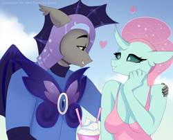 Size: 2760x2228 | Tagged: safe, artist:xjenn9, ocellus, oc, bat pony, changedling, changeling, anthro, g4, canon x oc, female, floating heart, heart, high res, looking at each other, looking at someone, male, milkshake, night guard, shipping, straight