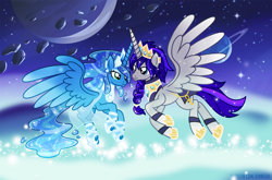 Size: 1200x794 | Tagged: safe, artist:jennieoo, oc, oc:maverick, oc:ocean soul, alicorn, pony, alicorn oc, asteroid, braid, crown, ending, eyeshadow, horn, jewelry, king, looking at each other, looking at someone, lovers, makeup, married couple, moon, necklace, planet, prince, princess, queen, regalia, royalty, show accurate, space, sparkles, stars, true love, vector, wings