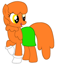 Size: 868x921 | Tagged: safe, artist:rainysweet, oc, oc:ginger janes, earth pony, g4, clothes, diaginges, earth pony oc, female, gloves, green skirt, mare, open mouth, open smile, orange hair, orange mane, orange tail, raised hoof, raised leg, simple background, skirt, smiling, solo, sweater, tail, transparent background, yellow eyes