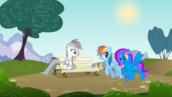 Size: 1920x1080 | Tagged: safe, artist:josephlu2021, rainbow dash, oc, oc:azure acrylic, oc:gray awesome dash, pegasus, pony, best friends, day, daytime, female, folded wings, mare, park, ponyville, sitting, spread wings, walking, wings