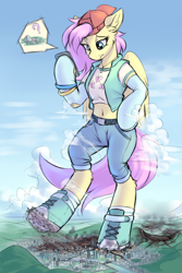 Size: 1600x2400 | Tagged: safe, artist:ravistdash, fluttershy, pegasus, pony, semi-anthro, g4, 90s grunge fluttershy, arm hooves, bipedal, city, clothes, confused, converse, destruction, female, hat, macro, midriff, mountain, outfit, phone, shoes, sky, socks, solo, underhoof, walking