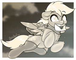 Size: 1623x1294 | Tagged: safe, artist:llametsul, derpy hooves, pegasus, pony, g4, atg 2022, chest fluff, clothes, cute, ear fluff, female, floppy ears, flying, hockless socks, letter, mare, monochrome, mouth hold, newbie artist training grounds, scarf, signature, socks, solo, stockings, thigh highs