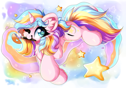 Size: 2500x1744 | Tagged: safe, artist:woonborg, oc, oc only, oc:oofy colorful, pony, unicorn, artfight, chest fluff, colorful, cute, ear fluff, fluffy, happy, looking at you, mouth hold, one eye closed, paintbrush, smiling, solo, stars, wink
