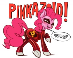 Size: 1302x1040 | Tagged: safe, artist:applepost67, pinkie pie, earth pony, pony, g4, butt, clothes, color, costume, female, freakazoid, implied rarity, mare, pinkazoid, plot, simple background, solo, speech bubble, white background