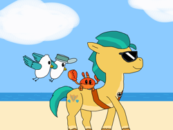 Size: 2000x1500 | Tagged: safe, artist:blazewing, hitch trailblazer, kenneth, mcsnips-a-lot, steven, bird, crab, earth pony, pony, seagull, g5, my little pony: tell your tale, atg 2022, beach, cloud, colored background, critter magnet, drawpile, flying, male, newbie artist training grounds, ocean, sand, sheriff's badge, smiling, stallion, sunglasses, walking, water