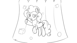 Size: 1920x1080 | Tagged: safe, artist:spritepony, pinkie pie, earth pony, pony, g4, atg 2022, gelatin, lineart, monochrome, newbie artist training grounds, simple background, sketch, solo, stuck