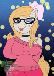 Size: 855x1200 | Tagged: safe, artist:gray star, oc, oc:gray star, anthro, :p, bow, choker, clothes, eyeshadow, female, freckles, glasses, hair bow, looking at you, makeup, one eye closed, smiling, smiling at you, tongue out, wink, winking at you