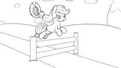 Size: 1920x1080 | Tagged: safe, artist:spritepony, applejack, earth pony, pony, g4, applejack's hat, atg 2022, cloud, cowboy hat, fence, hat, jumping, leaping, lineart, monochrome, newbie artist training grounds, obstacle course, sketch, solo