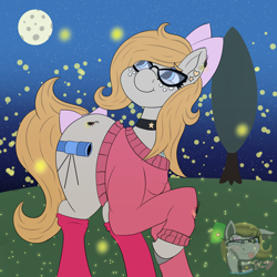 Size: 1600x1602 | Tagged: safe, artist:gray star, derpibooru exclusive, oc, oc:gray star, beetle, firefly (insect), insect, bow, choker, clothes, female, forest, glasses, hair bow, happy, mare, night, smiling, socks, sweater, tail, tail bow