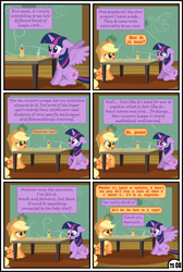 Size: 3254x4838 | Tagged: safe, artist:gutovi, applejack, twilight sparkle, alicorn, earth pony, pony, comic:why me!?, g4, alternate ending, apple, apple juice, comic, female, food, hat, high res, juice, lesbian, mare, ship:twijack, shipping, show accurate, sweet apple acres, table, twilight sparkle (alicorn)