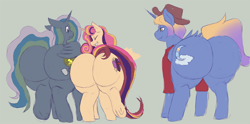 Size: 1500x741 | Tagged: safe, artist:weasselk, oc, oc only, oc:aerial agriculture, oc:princess young heart, oc:wonder weather, alicorn, pony, alicorn oc, alicorn princess, butt, butt bump, butt to butt, butt touch, clothes, commissioner:bigonionbean, dock, embarrassed, extra thicc, eyes closed, female, flank, fusion, fusion:apple bloom, fusion:bow hothoof, fusion:compass star, fusion:dinky hooves, fusion:evening star, fusion:gentle breeze, fusion:igneous rock pie, fusion:night light, fusion:party favor, fusion:scootaloo, fusion:sweetie belle, fusion:thunderlane, hat, horn, large butt, male, plot, shocked, stallion, surprised, tail, teasing, teenager, the ass was fat, thick, wall of tags, wings, writer:bigonionbean