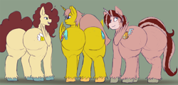 Size: 1500x722 | Tagged: safe, artist:weasselk, oc, oc only, oc:heartstrong flare, oc:king calm merriment, oc:king speedy hooves, alicorn, pony, butt, commissioner:bigonionbean, cutie mark, flank, fusion, fusion:big macintosh, fusion:caboose, fusion:cheese sandwich, fusion:donut joe, fusion:fancypants, fusion:flash sentry, fusion:promontory, fusion:shining armor, fusion:silver zoom, fusion:soarin', fusion:sunburst, fusion:trouble shoes, glasses, horn, large butt, looking back, male, plot, stallion, the ass was fat, wings, writer:bigonionbean