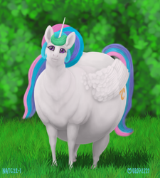 Size: 1500x1669 | Tagged: safe, artist:soobel, princess celestia, alicorn, pony, belly, big belly, chubbylestia, fat, female, grass, looking at you, mare, obese, solo, the ass was fat