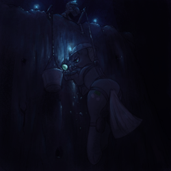 Size: 3000x3000 | Tagged: safe, artist:t72b, limestone pie, marble pie, earth pony, pony, candle, cave, cliff, dark, female, gem, helmet, looking down, mare, mine, mouth hold, pickaxe, suspended
