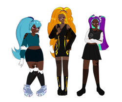 Size: 9072x7560 | Tagged: safe, artist:idkhesoff, adagio dazzle, aria blaze, sonata dusk, human, belly button, boots, cat socks, choker, chubby, clothes, dark skin, dress, ear piercing, earring, eye scar, eyebrow piercing, female, gloves, high heel boots, humanized, jacket, jewelry, leather jacket, nose piercing, nose ring, piercing, ring, scar, see-through, shirt, shoes, shorts, simple background, skirt, snake bits, sneakers, spiked choker, stockings, tattoo, the dazzlings, thigh highs, transparent background, trio