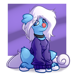 Size: 4000x4000 | Tagged: safe, artist:witchtaunter, oc, oc only, earth pony, pony, :p, behaving like a dog, chest fluff, clothes, collar, commission, ear fluff, female, floppy ears, looking at you, mare, mlem, silly, simple background, sitting, solo, sweater, tongue out