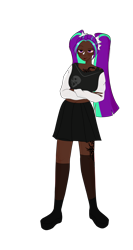 Size: 4032x7560 | Tagged: safe, artist:idkhesoff, derpibooru exclusive, aria blaze, human, g4, boots, clothes, dark skin, ear piercing, earring, eye scar, eyebrow piercing, female, humanized, jacket, jewelry, leather jacket, nose piercing, nose ring, piercing, scar, shoes, simple background, skirt, solo, stockings, tattoo, thigh highs, transparent background