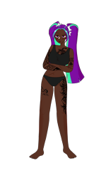 Size: 4032x7560 | Tagged: safe, artist:idkhesoff, derpibooru exclusive, aria blaze, human, g4, barefoot, belly button, black underwear, bra, clothes, dark skin, ear piercing, earring, eye scar, eyebrow piercing, feet, female, humanized, jewelry, nose piercing, nose ring, panties, piercing, scar, simple background, solo, tattoo, transparent background, underwear