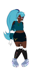 Size: 4032x7560 | Tagged: safe, artist:idkhesoff, derpibooru exclusive, sonata dusk, human, g4, belly button, cat socks, chubby, clothes, dark skin, eyebrow piercing, female, gloves, humanized, lip piercing, midriff, nose piercing, nose ring, piercing, plump, shirt, shoes, shorts, simple background, snake bites, sneakers, solo, stockings, tattoo, thigh highs, transparent background