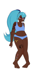 Size: 4032x7560 | Tagged: safe, artist:idkhesoff, derpibooru exclusive, sonata dusk, human, g4, barefoot, belly button, blue underwear, bra, chubby, clothes, dark skin, eyebrow piercing, feet, female, humanized, lip piercing, nose piercing, nose ring, panties, piercing, plump, simple background, snake bites, solo, tattoo, transparent background, underwear