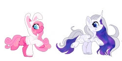 Size: 1843x930 | Tagged: safe, artist:cabbage-arts, artist:vernorexia, princess silver swirl, oc, oc:starsong, earth pony, pony, unicorn, g2, g4, adoptable, animal costume, base used, blue eyes, bunny costume, clothes, colored hooves, costume, duo, ethereal mane, food, g2 to g4, galaxy mane, generation leap, gray mane, honey, hoodie, markings, multicolored hair, pink coat, pink mane, princess, redesign, simple background, swirls, tinsel, transparent background