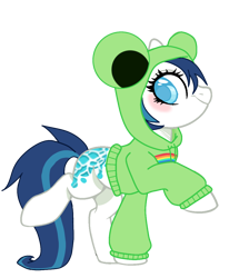 Size: 994x1111 | Tagged: safe, artist:cabbage-arts, artist:vernorexia, oc, oc only, earth pony, frog, pony, g2, g4, adoptable, base used, blue eyes, blue hair, clothes, female, frog costume, g2 to g4, gay pride flag, generation leap, hood, hoodie, markings, pride, pride flag, redesign, simple background, solo, transparent background, waterlily, white coat