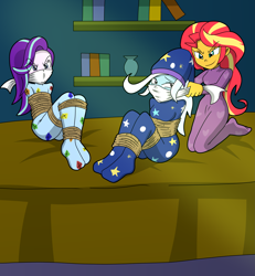 Size: 4613x5000 | Tagged: safe, artist:gregory-gid-did, starlight glimmer, sunset shimmer, trixie, human, equestria girls, g4, absurd resolution, ass, bed, bondage, bound and gagged, butt, cloth gag, clothes, commission, female, footed sleeper, footie pajamas, gag, hat, help us, loft, nightcap, onesie, over the nose gag, pajamas, rope, rope bondage, sleepover, slumber party, smiling, tied up, trio, trio female, trixie's nightcap, unsexy bondage