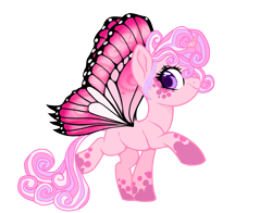 Size: 1811x1421 | Tagged: source needed, safe, artist:cabbage-arts, artist:vernorexia, princess twinkle star, oc, butterfly, butterfly pony, hybrid, pony, unicorn, g2, g4, barbie, barbie: mariposa and her butterfly fairy friends, base used, coat markings, colored wings, curly mane, dappled, female, g2 to g4, generation leap, gradient horn, horn, long tail, mariposa, markings, multicolored mane, multicolored wings, pink coat, pink mane, pink wings, princess, purple mane, redesign, shaved mane, short mane, simple background, socks (coat markings), solo, spots, tail, transparent background, undercut, white mane, wings