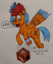 Size: 2483x3000 | Tagged: safe, artist:rapidsnap, oc, oc only, oc:butter hooves, pegasus, pony, atg 2022, baseball cap, box, cap, censored, censored vulgarity, delivery pony, dropping, female, flying, fragile, grawlixes, hat, high res, newbie artist training grounds, open mouth, package, pride, pride flag, shocked, shocked expression, solo, swearing, sweatband, traditional art, trans female, transgender, transgender pride flag