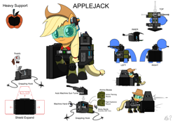 Size: 3508x2480 | Tagged: safe, artist:questionmarkdragon, applejack, earth pony, pony, g4, gun, hat, high res, reference sheet, smiling, story included, visor, weapon