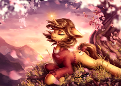 Size: 2105x1488 | Tagged: safe, artist:paticzaki, oc, oc only, pony, unicorn, bow, cherry blossoms, cherry tree, clothes, commission, eyes closed, female, floppy ears, flower, flower blossom, lying down, magic, mare, prone, scenery, solo, sweater, tail, tail bow, tree, windswept mane