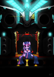 Size: 2480x3508 | Tagged: safe, artist:questionmarkdragon, twilight sparkle, pony, unicorn, g4, female, high res, mare, queen twilight, sitting, smiling, solo, story included, throne, unicorn twilight