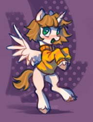 Size: 1756x2300 | Tagged: safe, artist:lunnita_pony, oc, oc only, alicorn, pony, alicorn oc, blushing, clothes, horn, looking at you, smiling, solo, spread wings, sweater, wings