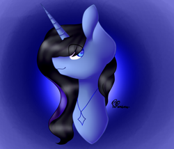 Size: 1400x1200 | Tagged: safe, artist:prettyshinegp, oc, oc only, pony, unicorn, abstract background, bust, eye clipping through hair, female, horn, jewelry, mare, necklace, signature, solo, unicorn oc