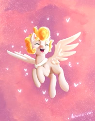 Size: 1609x2048 | Tagged: safe, artist:alfunezart, oc, oc only, pegasus, pony, eyes closed, flying, heart, open mouth, smiling, solo, spread wings, wings