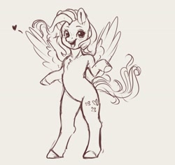 Size: 3176x3004 | Tagged: safe, artist:miokomata, fluttershy, pegasus, semi-anthro, g4, arm hooves, beige background, chest fluff, cute, female, floating heart, freckles, freckleshy, heart, high res, mare, monochrome, open mouth, open smile, shyabetes, simple background, smiling, solo, spread wings, wings
