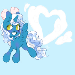 Size: 1242x1238 | Tagged: safe, artist:slothuseless, oc, oc:fleurbelle, alicorn, pony, alicorn oc, blue background, bow, cloud, female, flying, hair bow, heart, horn, mare, simple background, solo, wings, yellow eyes