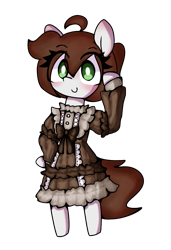 Size: 809x1184 | Tagged: safe, artist:seylan, oc, oc only, oc:cherro, earth pony, pony, semi-anthro, arm hooves, bipedal, blushing, clothes, digital art, dress, looking at you, simple background, solo, transparent background