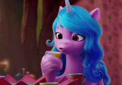 Size: 476x332 | Tagged: safe, screencap, izzy moonbow, pony, unicorn, g5, my little pony: a new generation, spoiler:my little pony: a new generation, animated, cup, cute, female, gif, i watch it for the ears, izzybetes, mare, sad, sadorable, solo