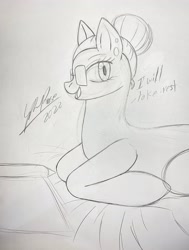 Size: 1546x2048 | Tagged: safe, artist:kely_chan, oc, oc only, pony, glasses, lying, pencil drawing, ponyloaf, prone, solo, traditional art