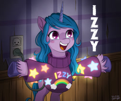 Size: 1200x1003 | Tagged: safe, artist:uotapo, izzy moonbow, pony, unicorn, g5, blush sticker, blushing, clothes, clothes swap, cloud, crossover, cute, disney, female, glowing, gravity falls, heart, hoof heart, izzybetes, lights, mabel pines, mare, open mouth, plug, rainbow, signature, smiling, solo, stars, sweater