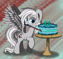 Size: 3300x3100 | Tagged: safe, artist:hisp, oc, oc only, oc:silver edge, pegasus, pony, birthday, cake, commission, cute, fake blood, female, food, high res, jelly, knife, long hair, pegasus oc, simple background, solo, spread wings, table, wings