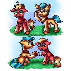 Size: 1378x1378 | Tagged: safe, artist:dannonhynha, hitch trailblazer, sprout cloverleaf, earth pony, pony, g5, annoyed, blushing, childhood, cute, digital art, duo, ear blush, friendship, gay, grass, helping, looking at each other, looking at someone, looking down, looking up, male, nervous, phone drawing, scout, scout uniform, ship:clovertrail, shipping, simple background, sky, smiling, stallion, worried