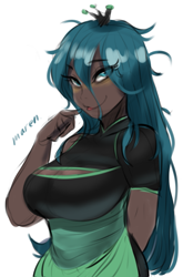 Size: 1267x1915 | Tagged: safe, artist:maren, queen chrysalis, human, g4, arm behind back, big breasts, breasts, busty queen chrysalis, cleavage, dark skin, doodle, eye clipping through hair, eyebrows, eyebrows visible through hair, female, humanized, looking at you, signature, simple background, smiling, smiling at you, solo, white background