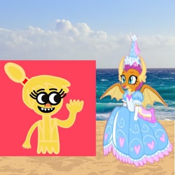 Size: 1080x1080 | Tagged: safe, artist:darlycatmake, smolder, dragon, ghost, undead, g4, 1000 hours in ms paint, beach, beautiful, clothes, crossover, cute, dragoness, dress, female, flower, flower in hair, froufrou glittery lacy outfit, gloves, happy, hat, hennin, jewelry, long gloves, looking at each other, looking at someone, molly mcgee, necklace, ocean, pretty, princess, princess smolder, smiling, smiling at each other, smolderbetes, the ghost and molly mcgee, water