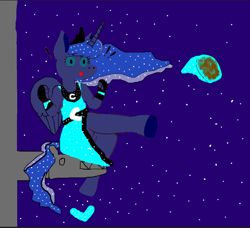 Size: 596x543 | Tagged: dead source, safe, princess luna, alicorn, anthro, unguligrade anthro, g4, 1000 hours in ms paint, 2d, bare hooves, belt, blue hair, castle, clothes, crown, dress, equine, female, fingerless gloves, folded wings, green eyes, hoof shoes, hooves, horn, jewelry, long horn, necklace, newbie artist training grounds, night, purple hair, solo, stars, statue, surprised, three quarter view, wall, wings